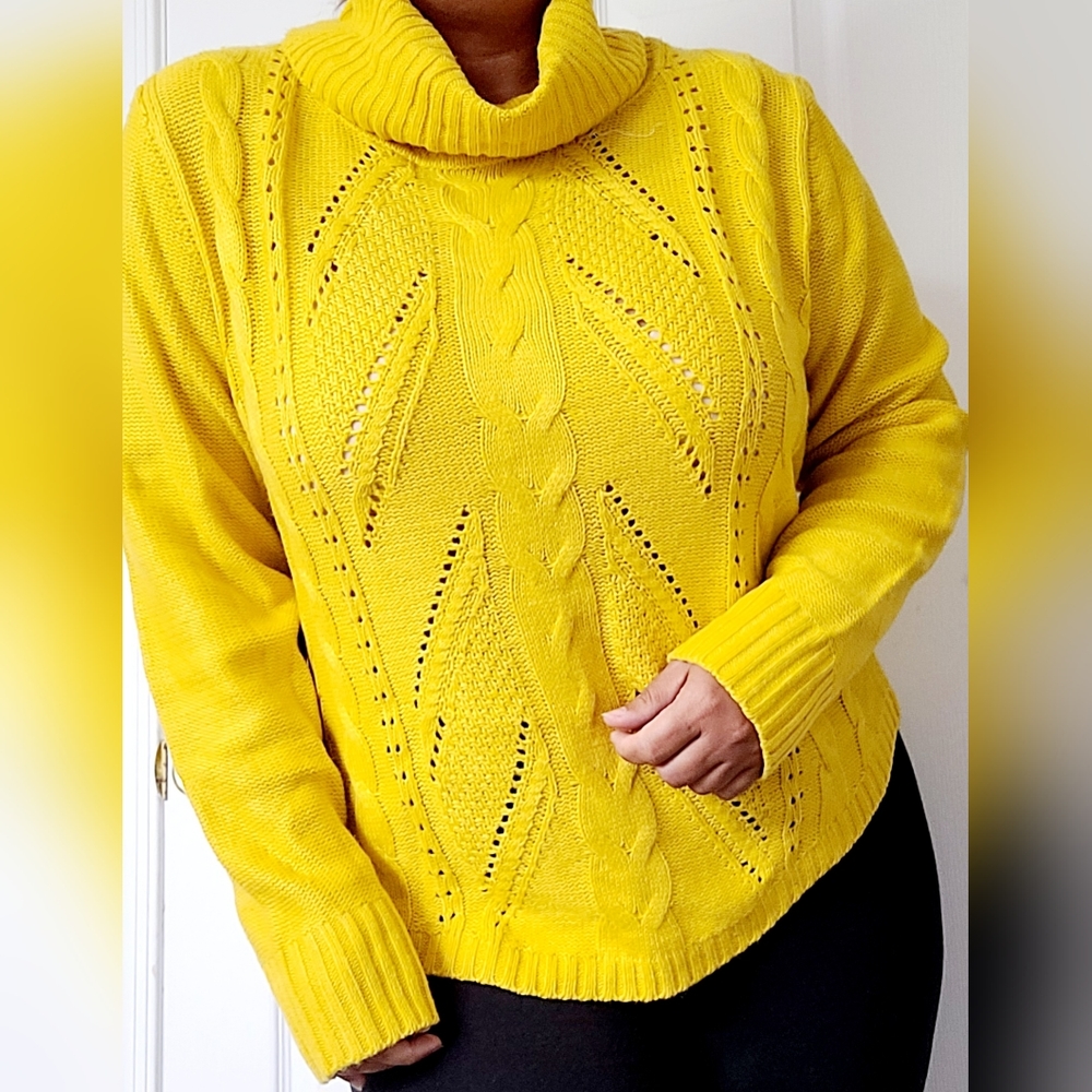89th & Madison Bright Yellow Cable Cowl Neck Sweater